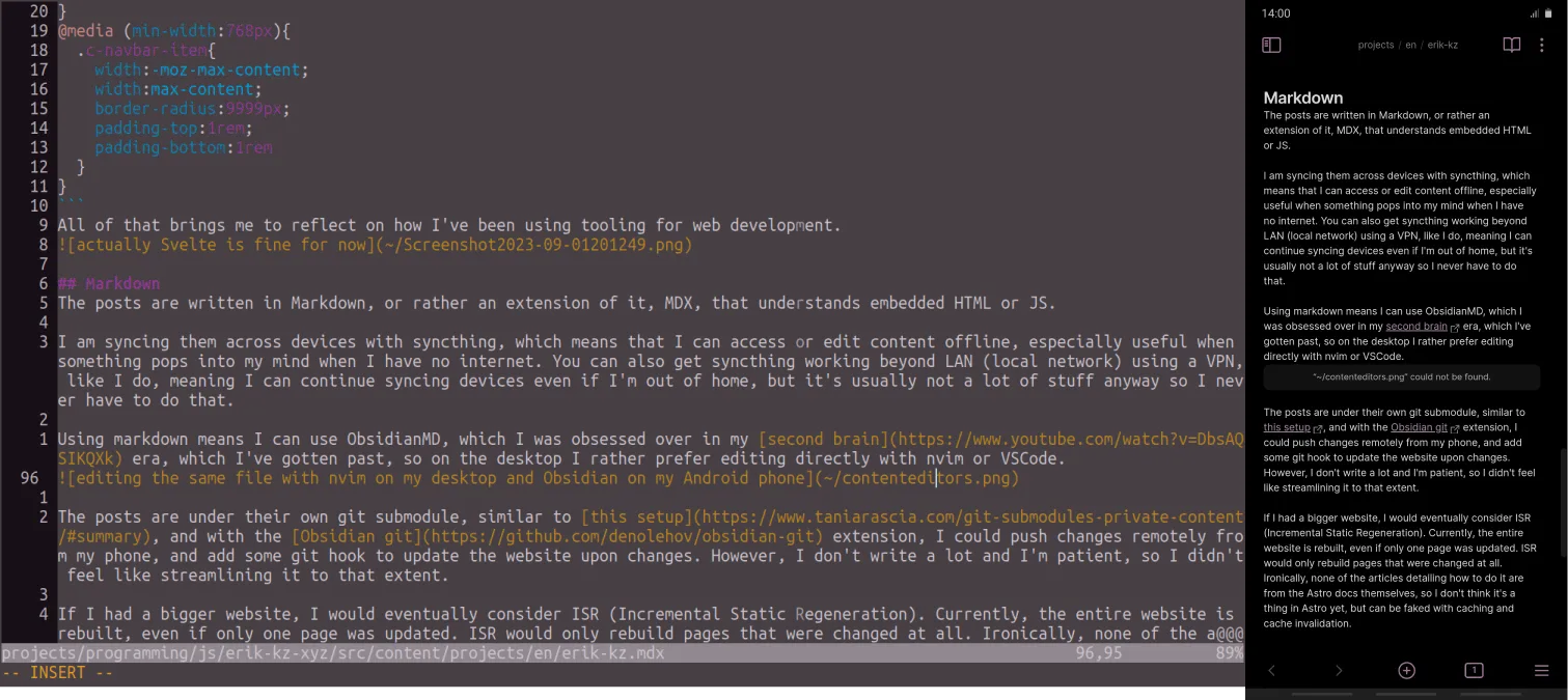 editing the same file with nvim on my desktop and Obsidian on my Android phone